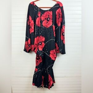 Saint Romei Vintage 80’s Dress Midi Pure Silk Black Red Floral Print Sz 10